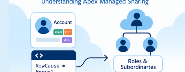 Apex Sharing in Salesforce illustration showing programmatic record sharing with Apex, including account access levels, RowCause example, and sharing with roles and subordinates.